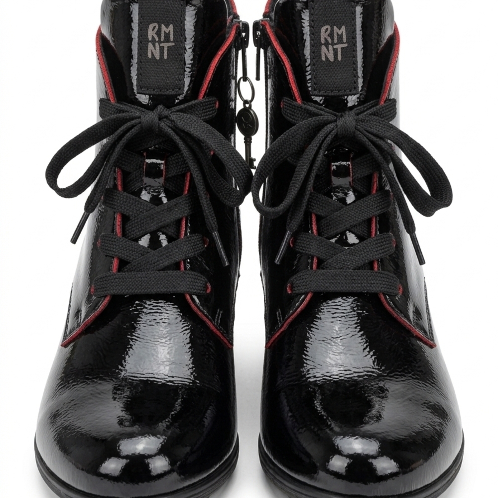 Remonte Black Patent Lace-Up Ankle Booties with Red Trim